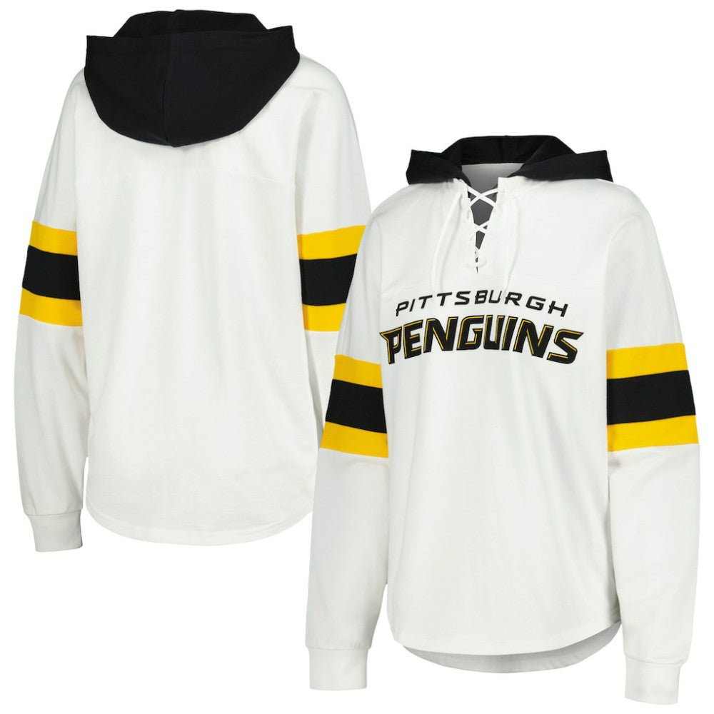 NHL Pittsburgh Penguins G-III 4Her by Carl Banks Women's Goal Zone Long Sleeve Lace-Up Hoodie T-Shirt - White/Black