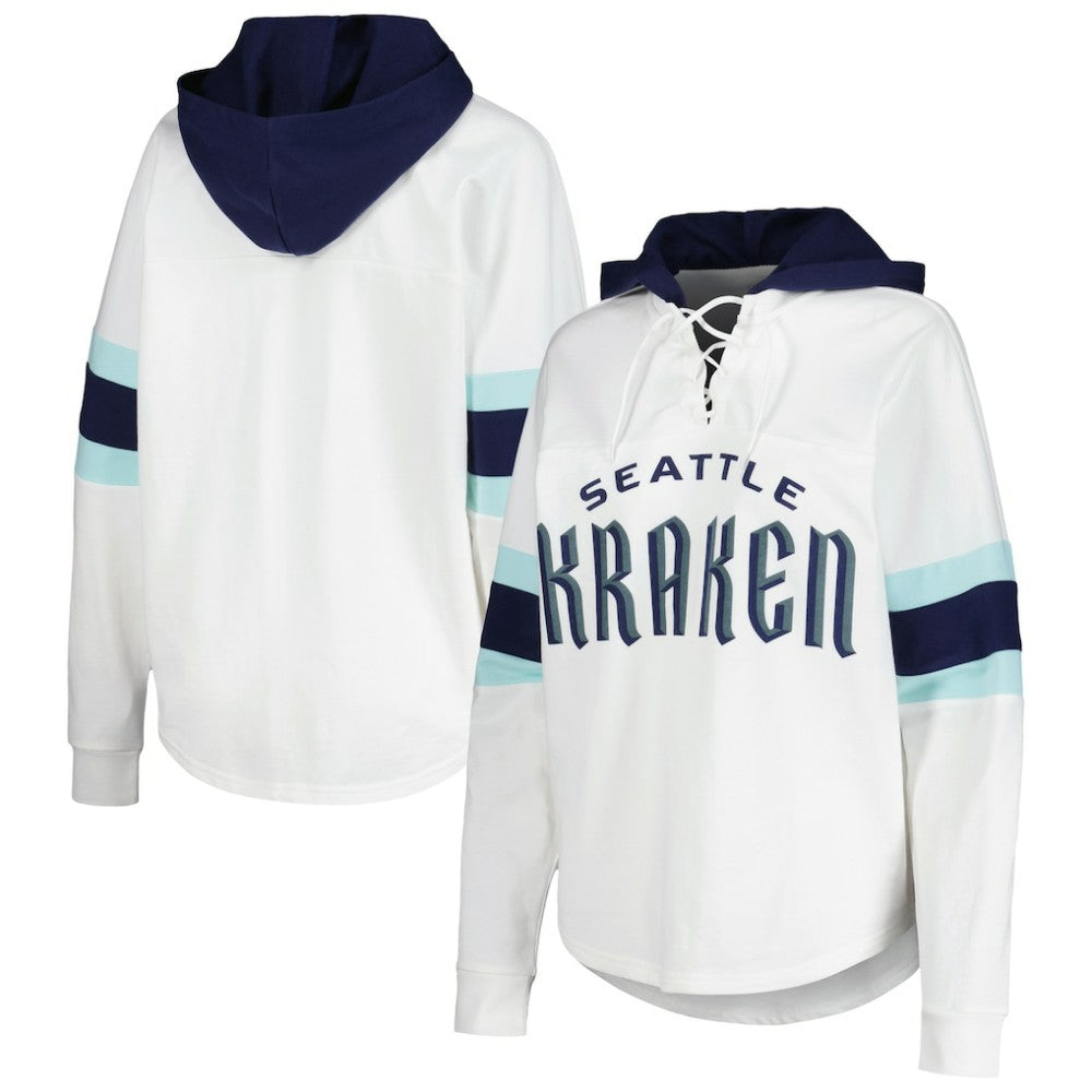 NHL Seattle Kraken G-III 4Her by Carl Banks Women's Goal Zone Long Sleeve Lace-Up Hoodie T-Shirt - White/Deep Sea Blue