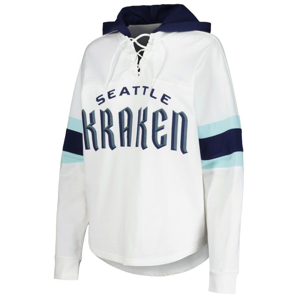 NHL Seattle Kraken G-III 4Her by Carl Banks Women's Goal Zone Long Sleeve Lace-Up Hoodie T-Shirt - White/Deep Sea Blue