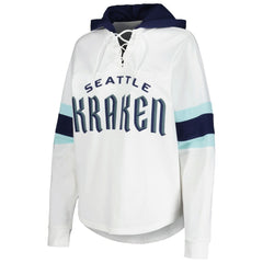 NHL Seattle Kraken G-III 4Her by Carl Banks Women's Goal Zone Long Sleeve Lace-Up Hoodie T-Shirt - White/Deep Sea Blue