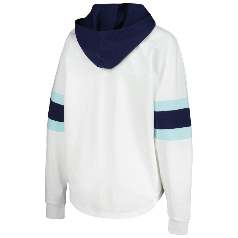 NHL Seattle Kraken G-III 4Her by Carl Banks Women's Goal Zone Long Sleeve Lace-Up Hoodie T-Shirt - White/Deep Sea Blue