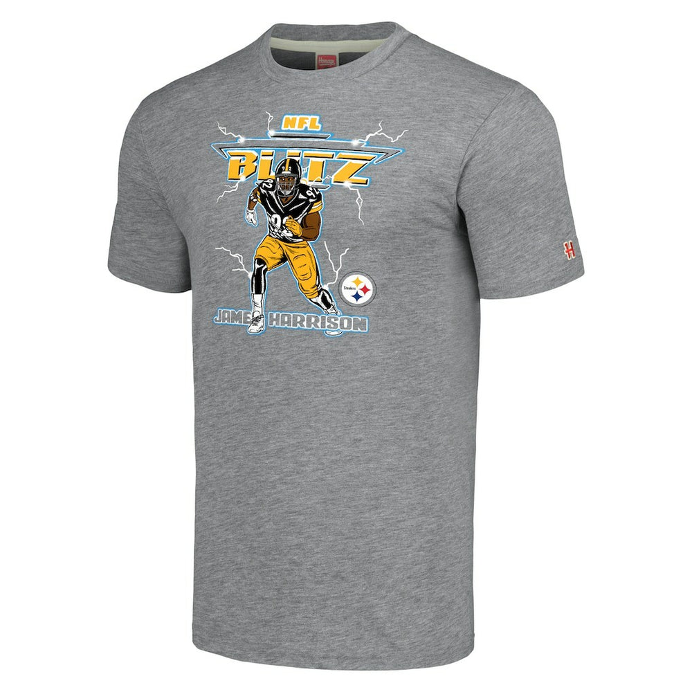 James Harrison Pittsburgh Steelers Homage Unisex NFL Blitz Retired Player Tri-Blend T-Shirt Heathered Heather Gray