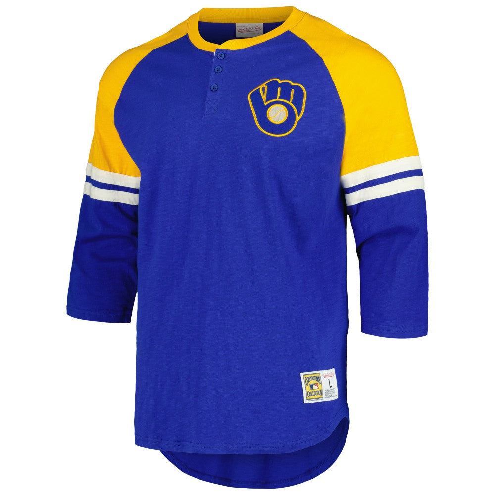 Milwaukee Brewers Mitchell & Ness Cooperstown Collection Legendary Raglan Slub Henley 3/4-Sleeve T-Shirt - Royal T-shirts