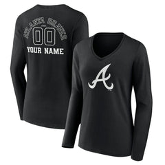 Atlanta Braves Women's Monochrome Personalized Name & Number Long Sleeve V-Neck T-Shirt - Black T-shirts