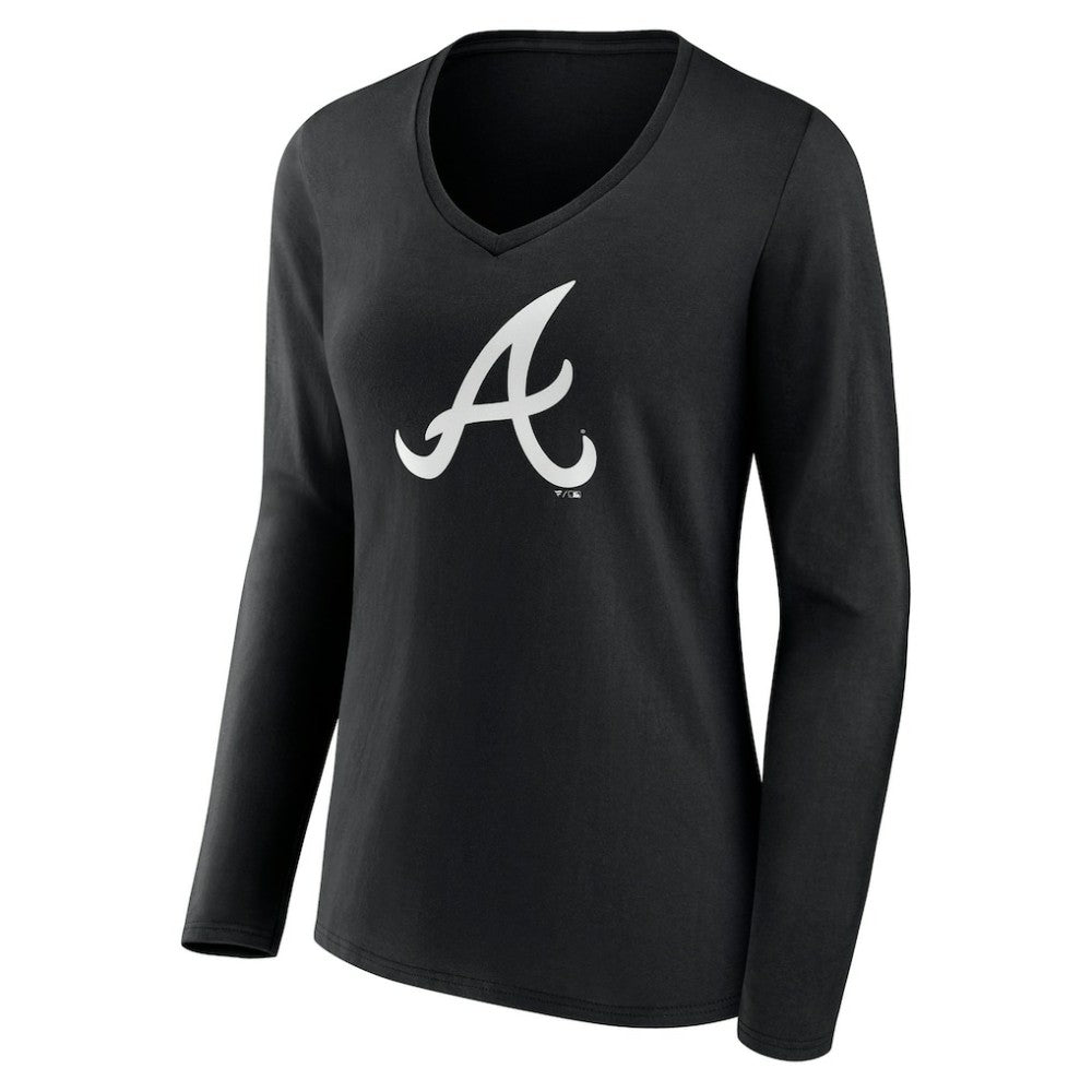 Atlanta Braves Women's Monochrome Personalized Name & Number Long Sleeve V-Neck T-Shirt - Black T-shirts
