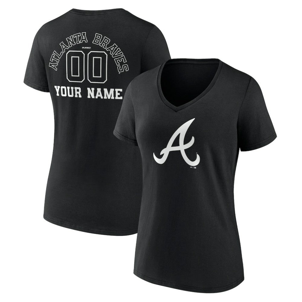 Atlanta Braves Women's Monochrome Personalized Name & Number V-Neck T-Shirt - Black T-shirts