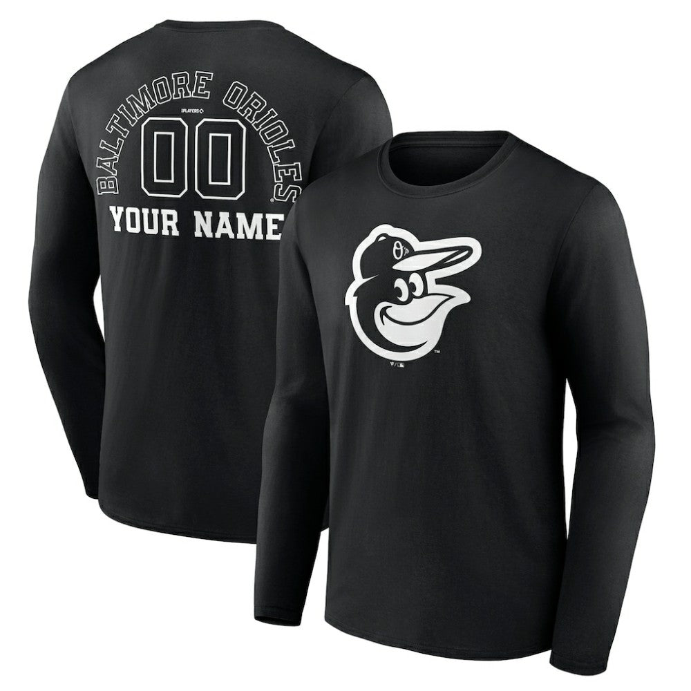 Baltimore Orioles Monochrome Personalized Name & Number Long Sleeve T-Shirt - Black T-shirts