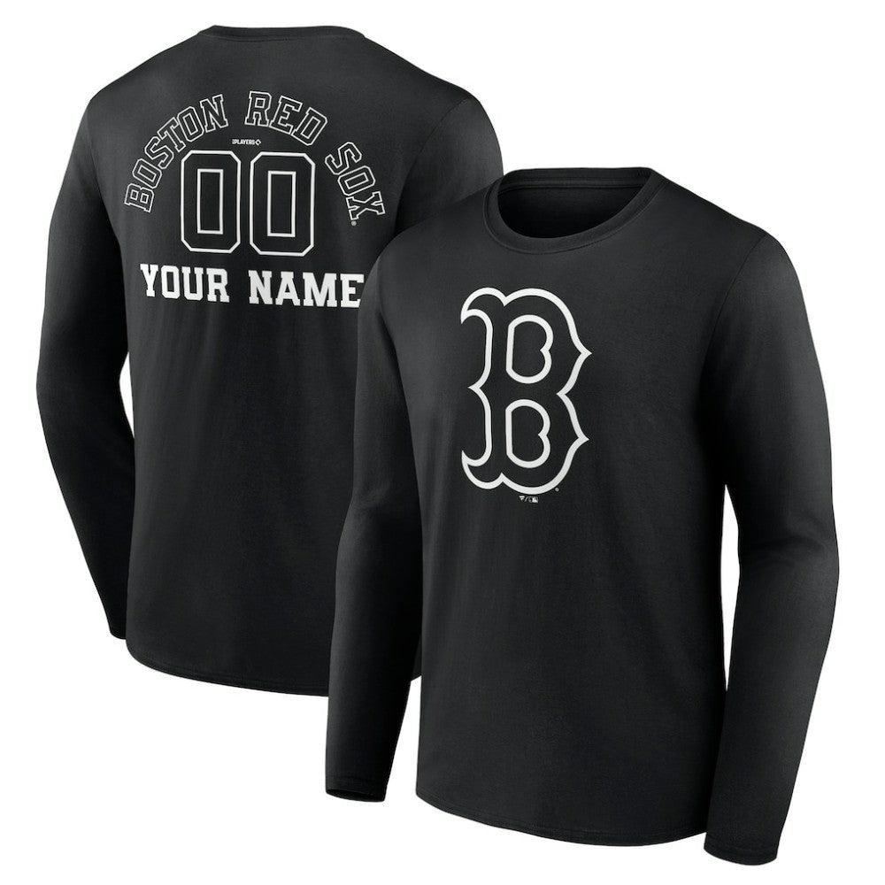 Boston Red Sox Monochrome Personalized Name & Number Long Sleeve T-Shirt - Black T-shirts