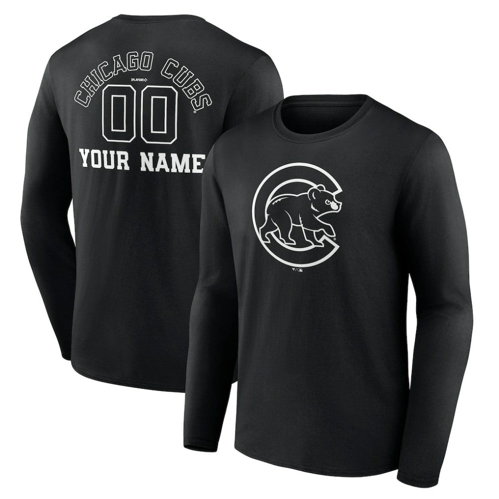 Chicago Cubs Monochrome Personalized Name & Number Long Sleeve T-Shirt - Black T-shirts