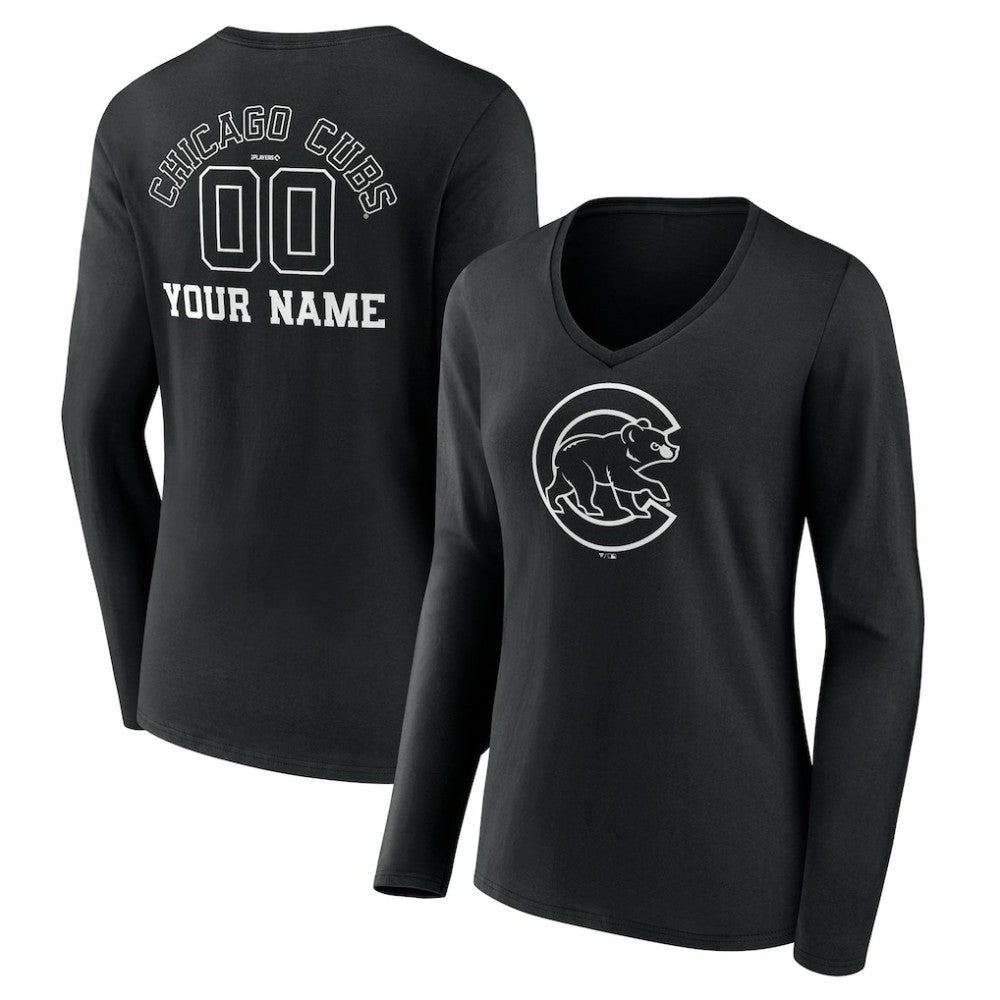 Chicago Cubs Women's Monochrome Personalized Name & Number Long Sleeve V-Neck T-Shirt - Black T-shirts