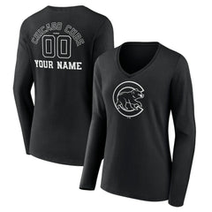 Chicago Cubs Women's Monochrome Personalized Name & Number Long Sleeve V-Neck T-Shirt - Black T-shirts