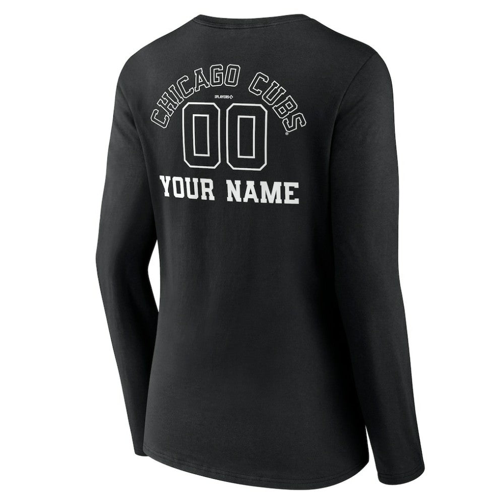 Chicago Cubs Women's Monochrome Personalized Name & Number Long Sleeve V-Neck T-Shirt - Black T-shirts