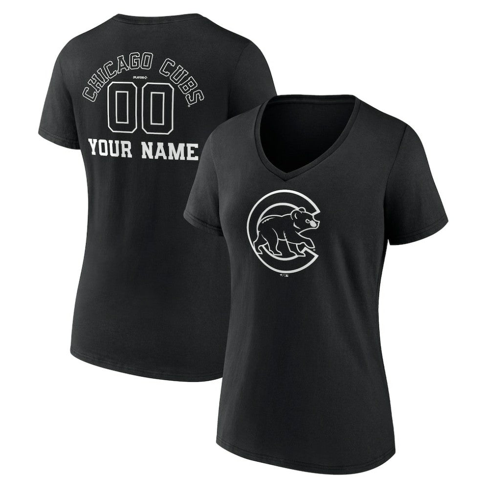 Chicago Cubs Women's Monochrome Personalized Name & Number V-Neck T-Shirt - Black T-shirts