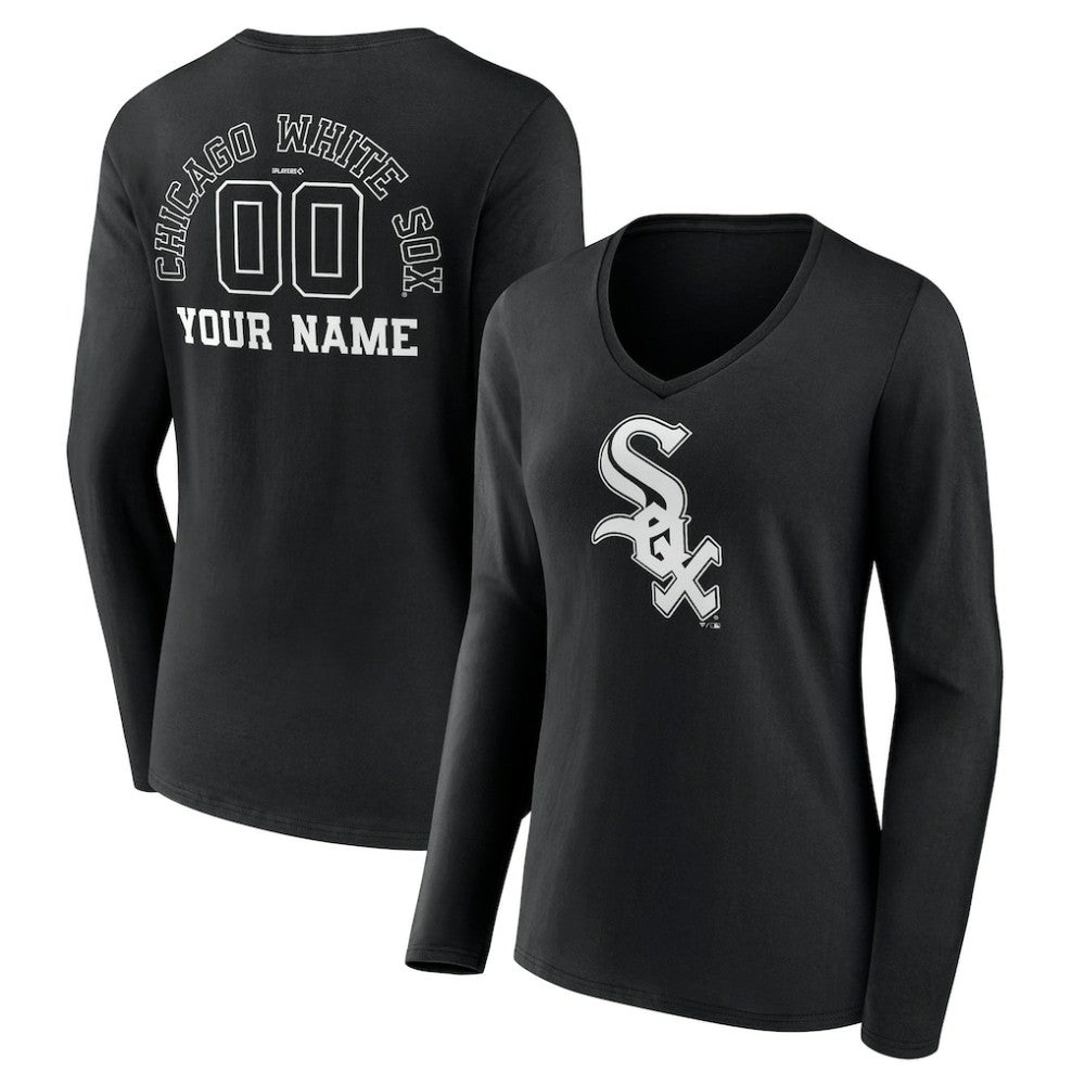 Chicago White Sox Women's Monochrome Personalized Name & Number Long Sleeve V-Neck T-Shirt - Black T-shirts