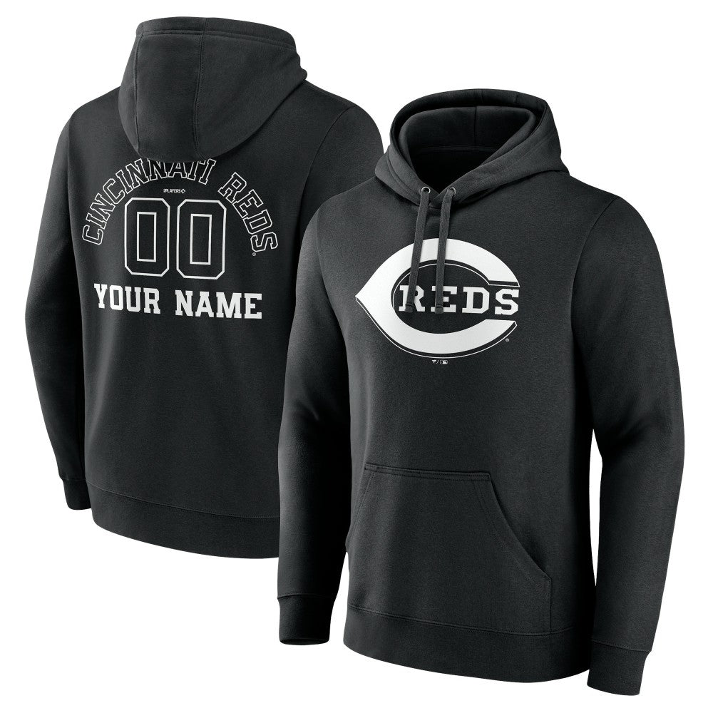 Cincinnati Reds Monochrome Personalized Name & Number Pullover Hoodie - Black Hoodies