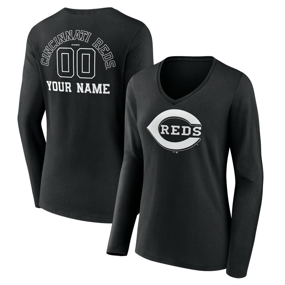 Cincinnati Reds Women's Monochrome Personalized Name & Number Long Sleeve V-Neck T-Shirt - Black T-shirts