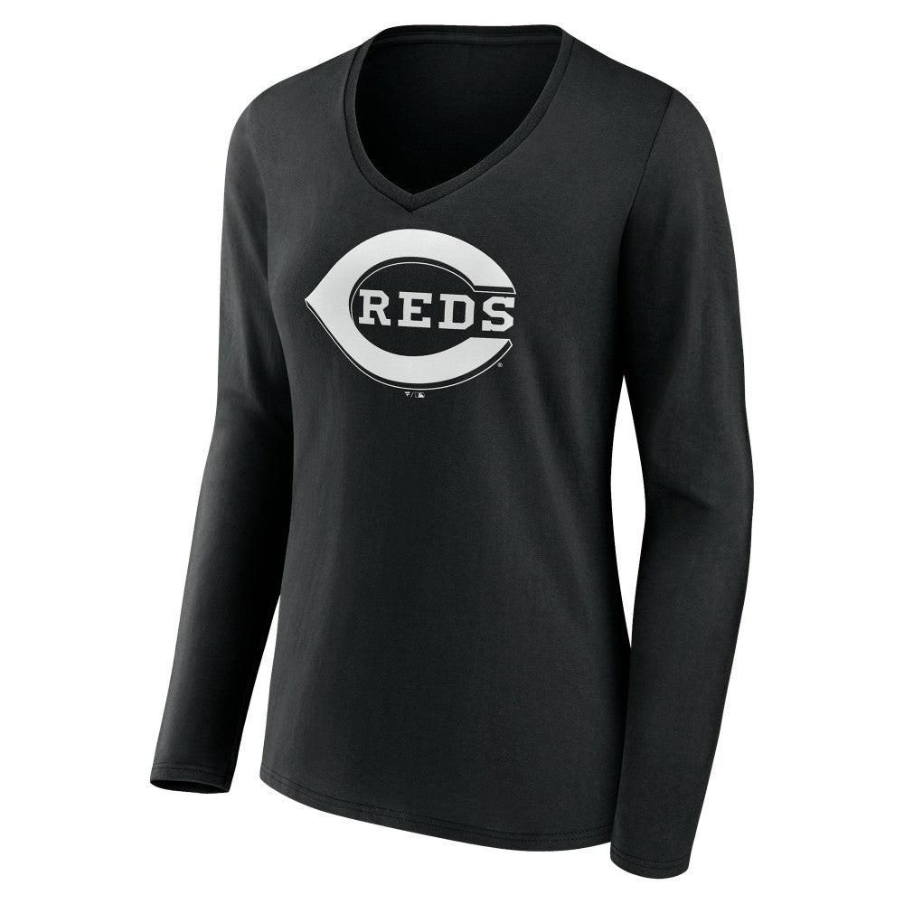 Cincinnati Reds Women's Monochrome Personalized Name & Number Long Sleeve V-Neck T-Shirt - Black T-shirts