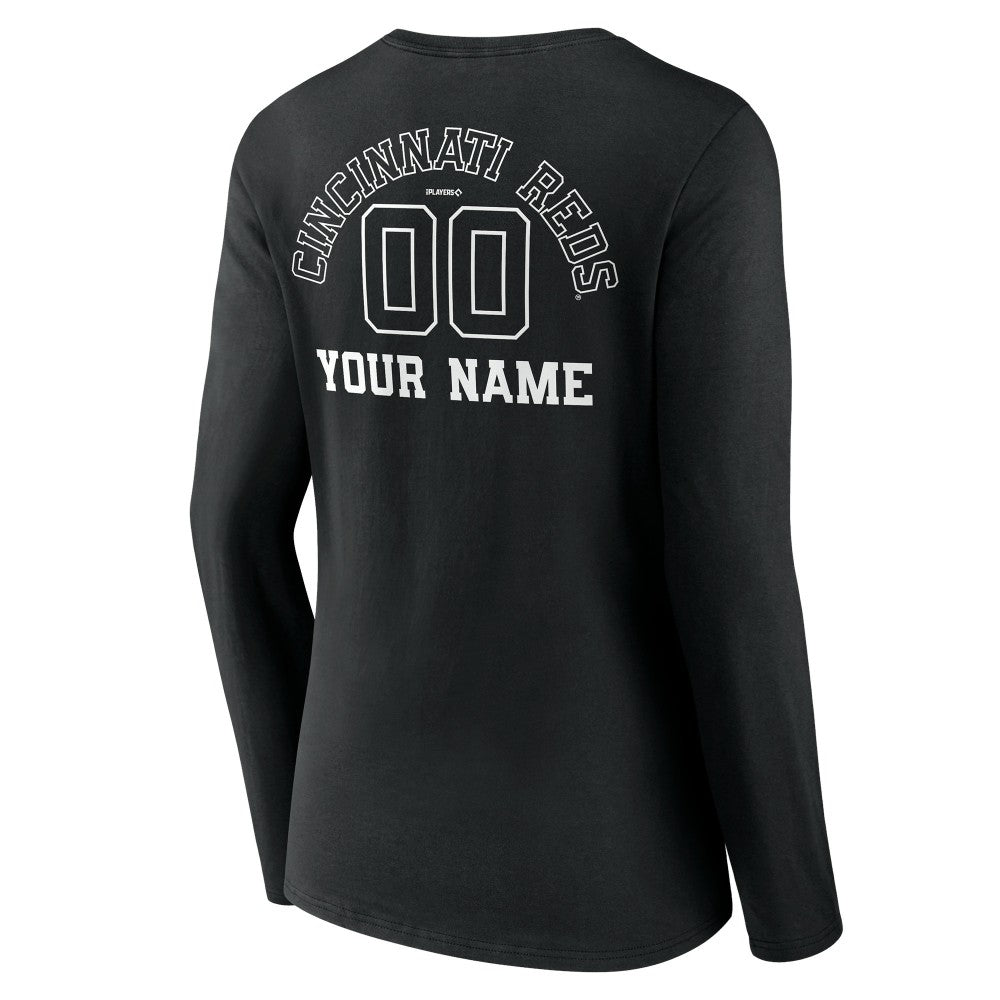 Cincinnati Reds Women's Monochrome Personalized Name & Number Long Sleeve V-Neck T-Shirt - Black T-shirts