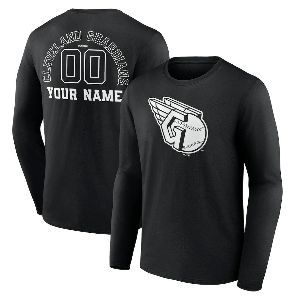 Cleveland Guardians Monochrome Personalized Name & Number Long Sleeve T-Shirt - Black T-shirts