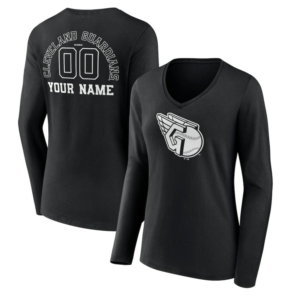 Cleveland Guardians Women's Monochrome Personalized Name & Number Long Sleeve V-Neck T-Shirt - Black T-shirts