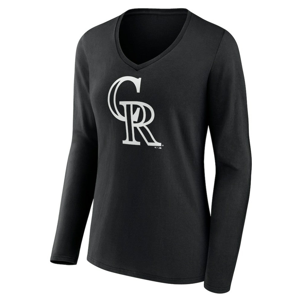 Colorado Rockies Women's Monochrome Personalized Name & Number Long Sleeve V-Neck T-Shirt - Black T-shirts