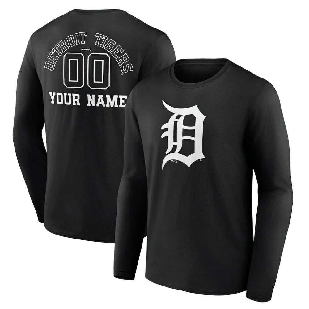 Detroit Tigers Monochrome Personalized Name & Number Long Sleeve T-Shirt - Black T-shirts