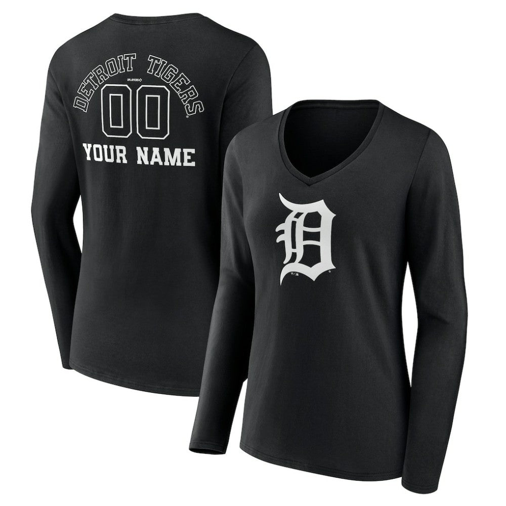 Detroit Tigers Women's Monochrome Personalized Name & Number Long Sleeve V-Neck T-Shirt - Black T-shirts
