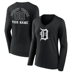 Detroit Tigers Women's Monochrome Personalized Name & Number Long Sleeve V-Neck T-Shirt - Black T-shirts