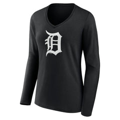 Detroit Tigers Women's Monochrome Personalized Name & Number Long Sleeve V-Neck T-Shirt - Black T-shirts