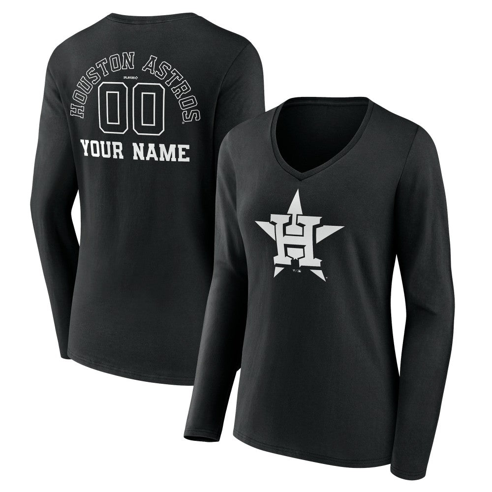 Houston Astros Women's Monochrome Personalized Name & Number Long Sleeve V-Neck T-Shirt - Black T-shirts