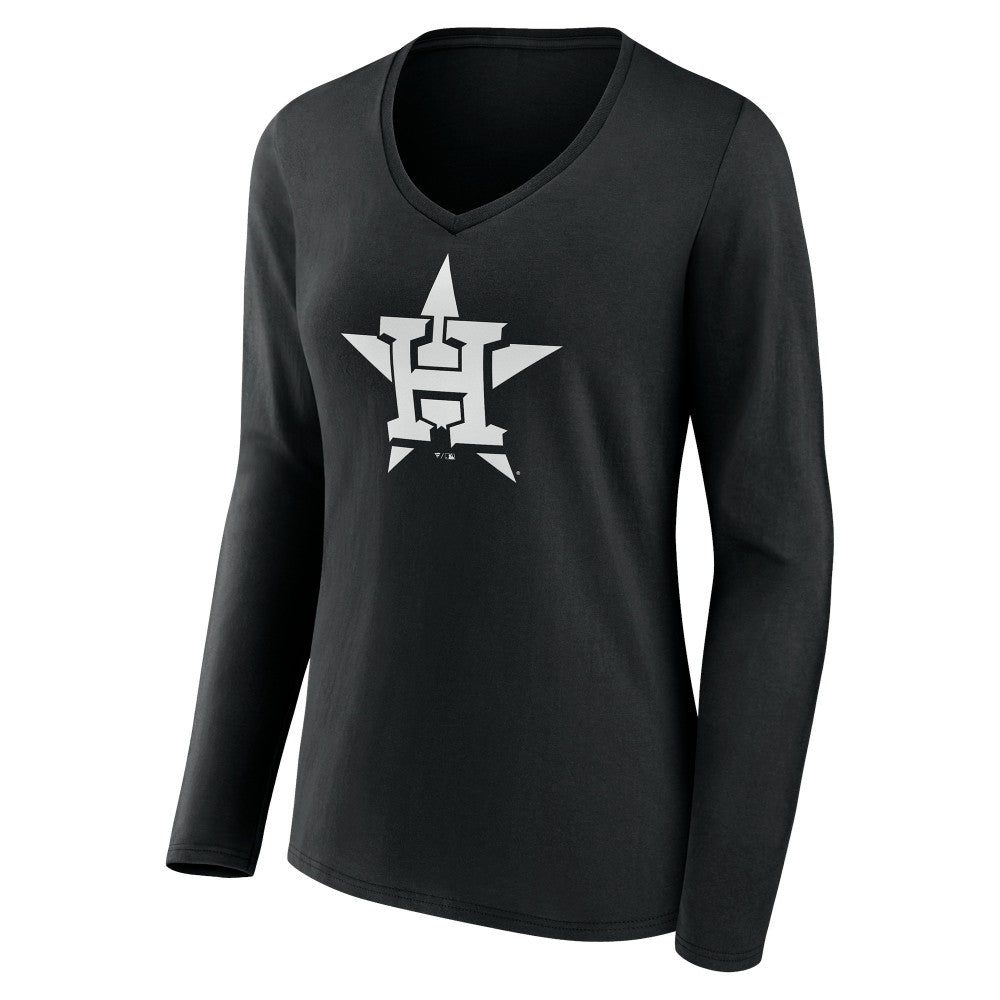 Houston Astros Women's Monochrome Personalized Name & Number Long Sleeve V-Neck T-Shirt - Black T-shirts