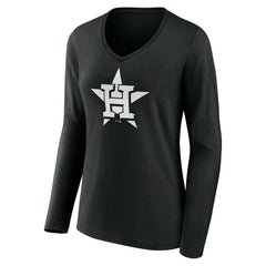 Houston Astros Women's Monochrome Personalized Name & Number Long Sleeve V-Neck T-Shirt - Black T-shirts
