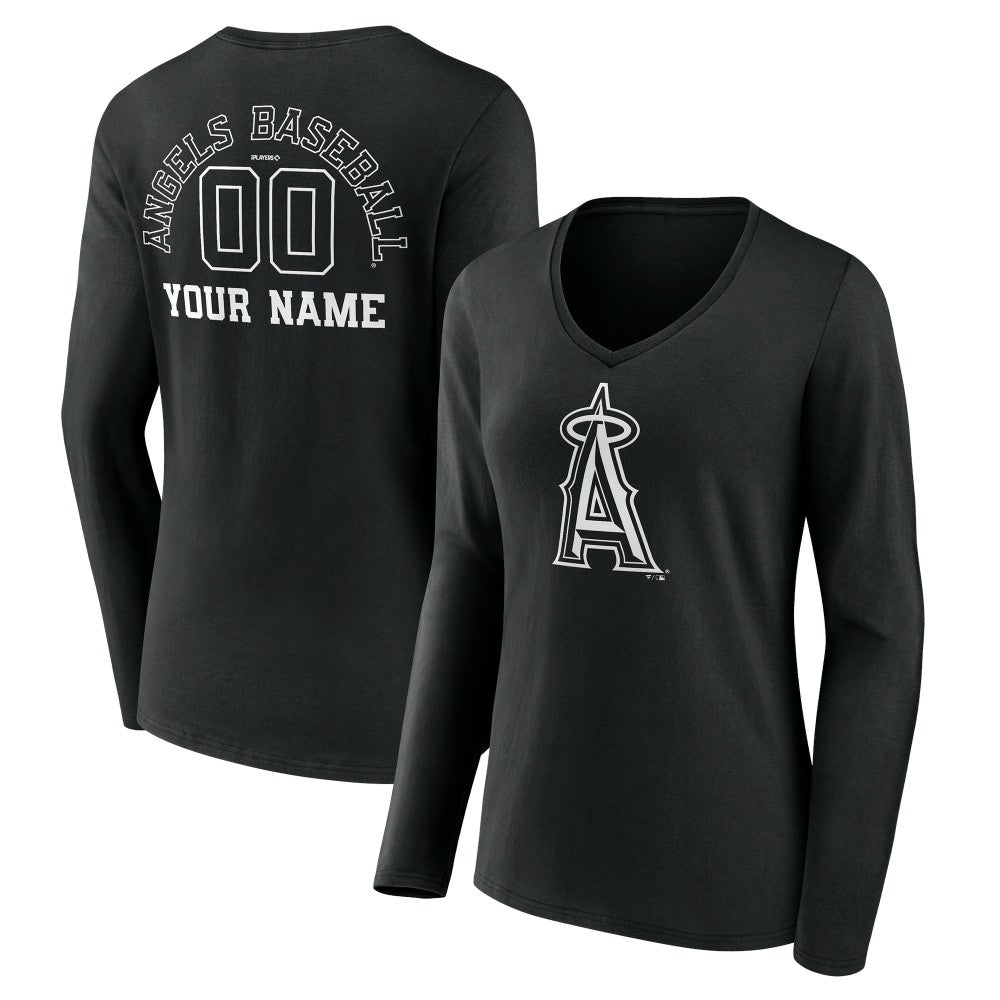 Los Angeles Angels Women's Monochrome Personalized Name & Number Long Sleeve V-Neck T-Shirt - Black T-shirts