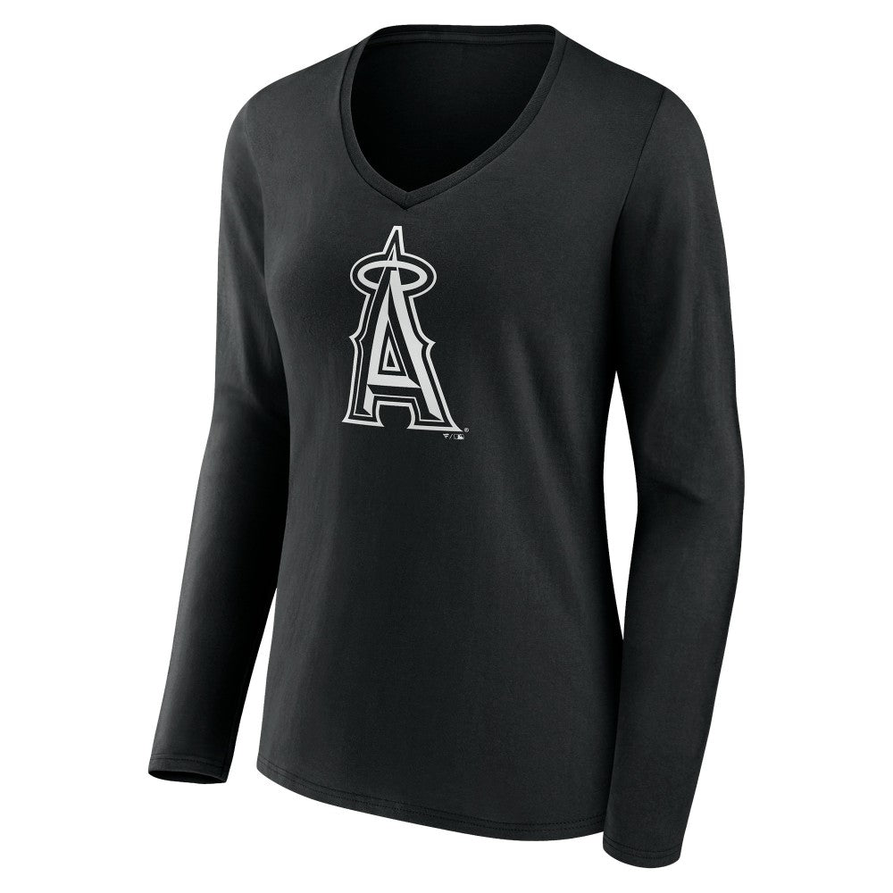 Los Angeles Angels Women's Monochrome Personalized Name & Number Long Sleeve V-Neck T-Shirt - Black T-shirts