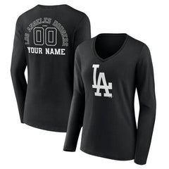 Los Angeles Dodgers Women's Monochrome Personalized Name & Number Long Sleeve V-Neck T-Shirt - Black T-shirts