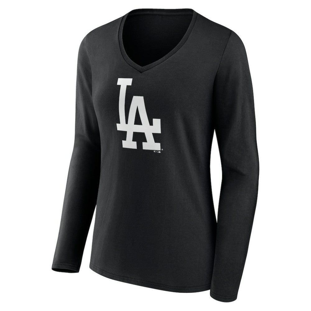 Los Angeles Dodgers Women's Monochrome Personalized Name & Number Long Sleeve V-Neck T-Shirt - Black T-shirts
