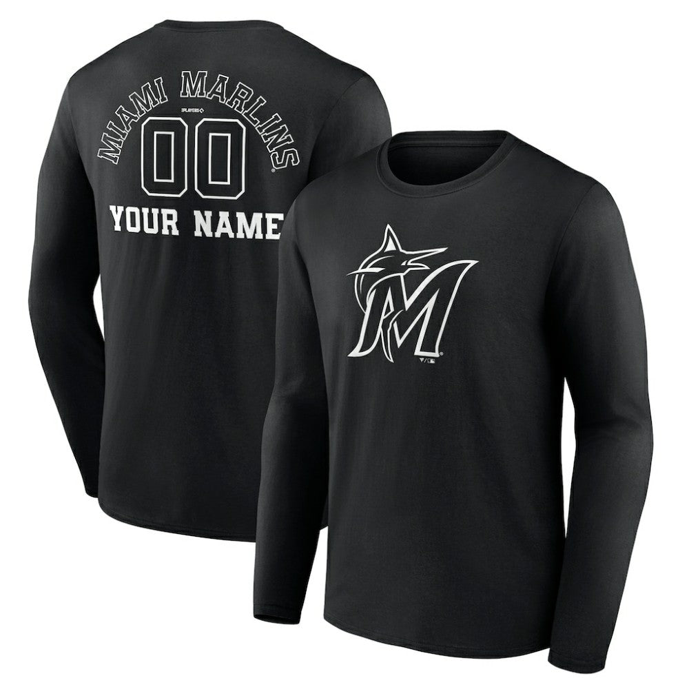Miami Marlins Monochrome Personalized Name & Number Long Sleeve T-Shirt - Black T-shirts