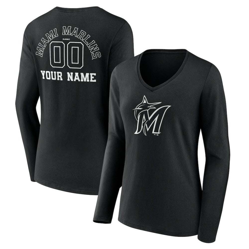 Miami Marlins Women's Monochrome Personalized Name & Number Long Sleeve V-Neck T-Shirt - Black T-shirts