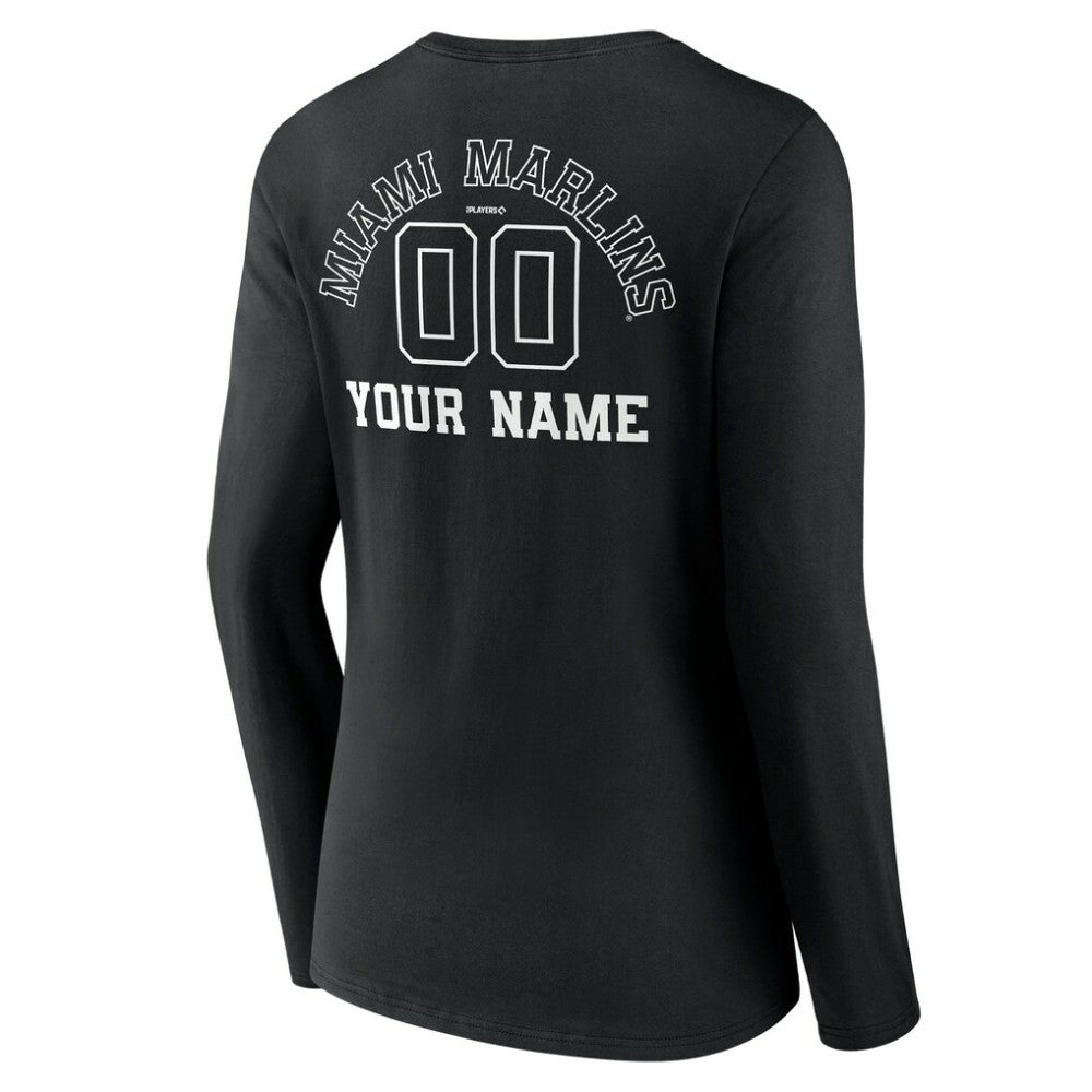 Miami Marlins Women's Monochrome Personalized Name & Number Long Sleeve V-Neck T-Shirt - Black T-shirts
