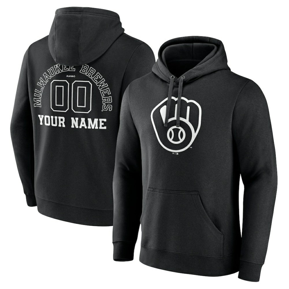 Milwaukee Brewers Monochrome Personalized Name & Number Pullover Hoodie - Black Hoodies