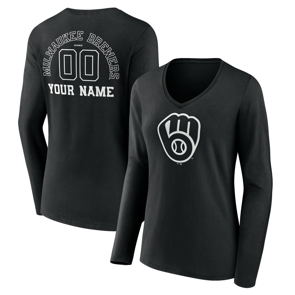 Milwaukee Brewers Women's Monochrome Personalized Name & Number Long Sleeve V-Neck T-Shirt - Black T-shirts