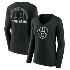 Milwaukee Brewers Women's Monochrome Personalized Name & Number Long Sleeve V-Neck T-Shirt - Black T-shirts