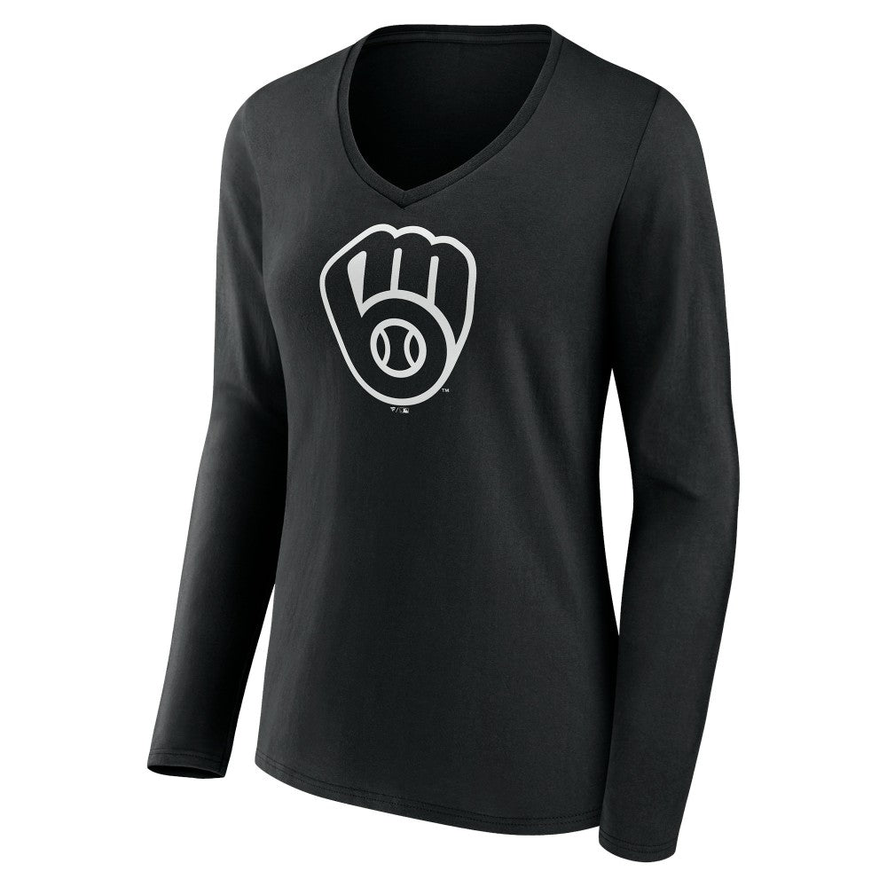 Milwaukee Brewers Women's Monochrome Personalized Name & Number Long Sleeve V-Neck T-Shirt - Black T-shirts