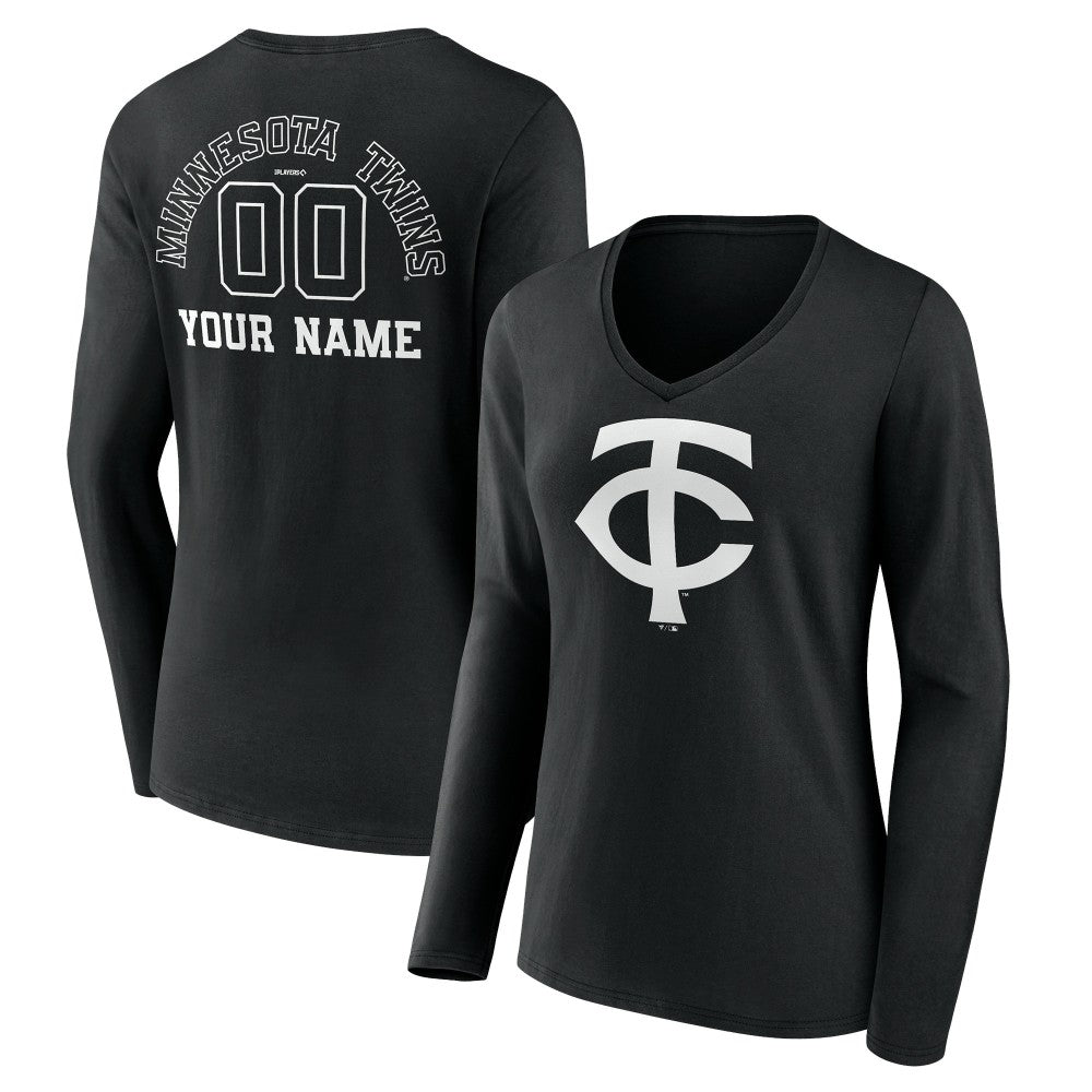 Minnesota Twins Women's Monochrome Personalized Name & Number Long Sleeve V-Neck T-Shirt - Black T-shirts