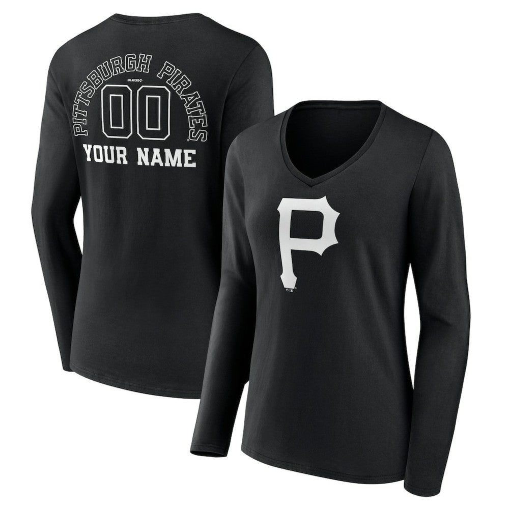 Pittsburgh Pirates Women's Monochrome Personalized Name & Number Long Sleeve V-Neck T-Shirt - Black T-shirts