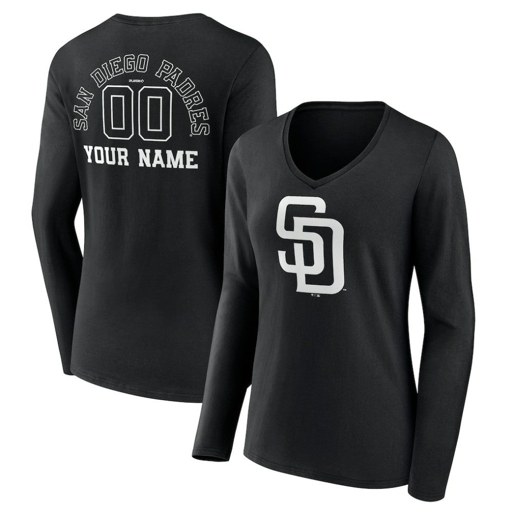 San Diego Padres Women's Monochrome Personalized Name & Number Long Sleeve V-Neck T-Shirt - Black T-shirts