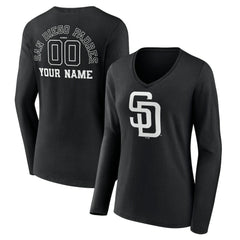 San Diego Padres Women's Monochrome Personalized Name & Number Long Sleeve V-Neck T-Shirt - Black T-shirts