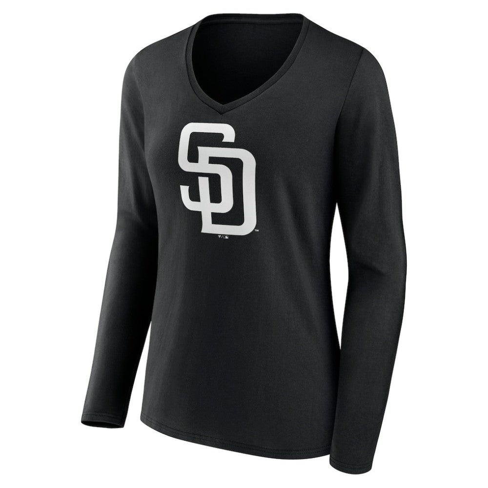 San Diego Padres Women's Monochrome Personalized Name & Number Long Sleeve V-Neck T-Shirt - Black T-shirts