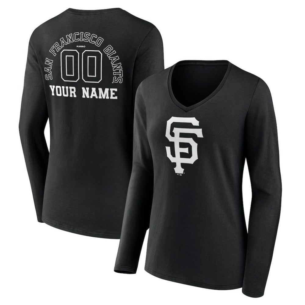 San Francisco Giants Women's Monochrome Personalized Name & Number Long Sleeve V-Neck T-Shirt - Black T-shirts