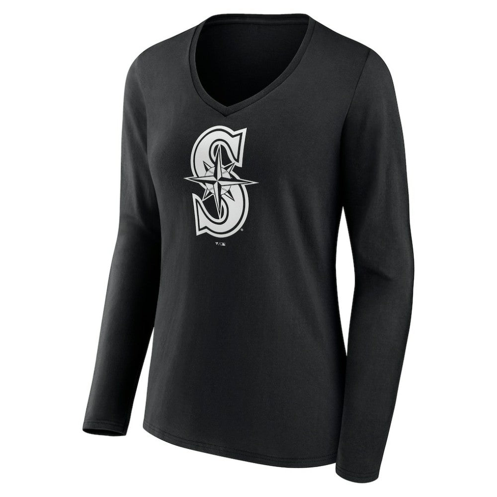 Seattle Mariners Women's Monochrome Personalized Name & Number Long Sleeve V-Neck T-Shirt - Black T-shirts